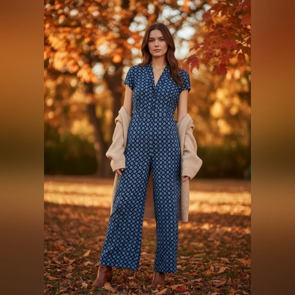 ANTHROPOLOGIE, LEITH,  NEW. Blue medallion Patterned Jumpsuit   Size  Small - Picture 3 of 7